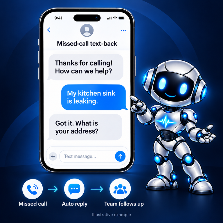 Local Automations silver robot alongside an illustrative missed-call text-back conversation and follow-up workflow
